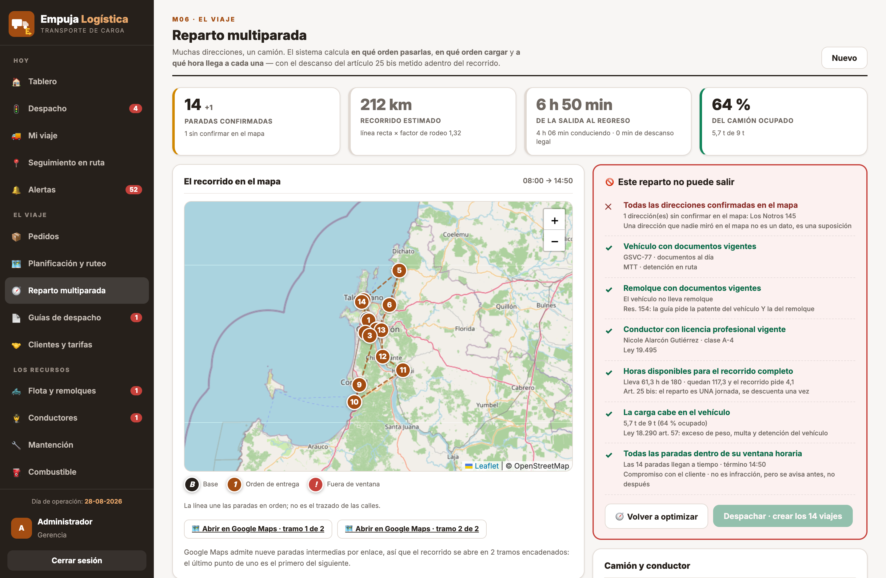 Empuja Logística — reparto multiparada con el recorrido en el mapa
