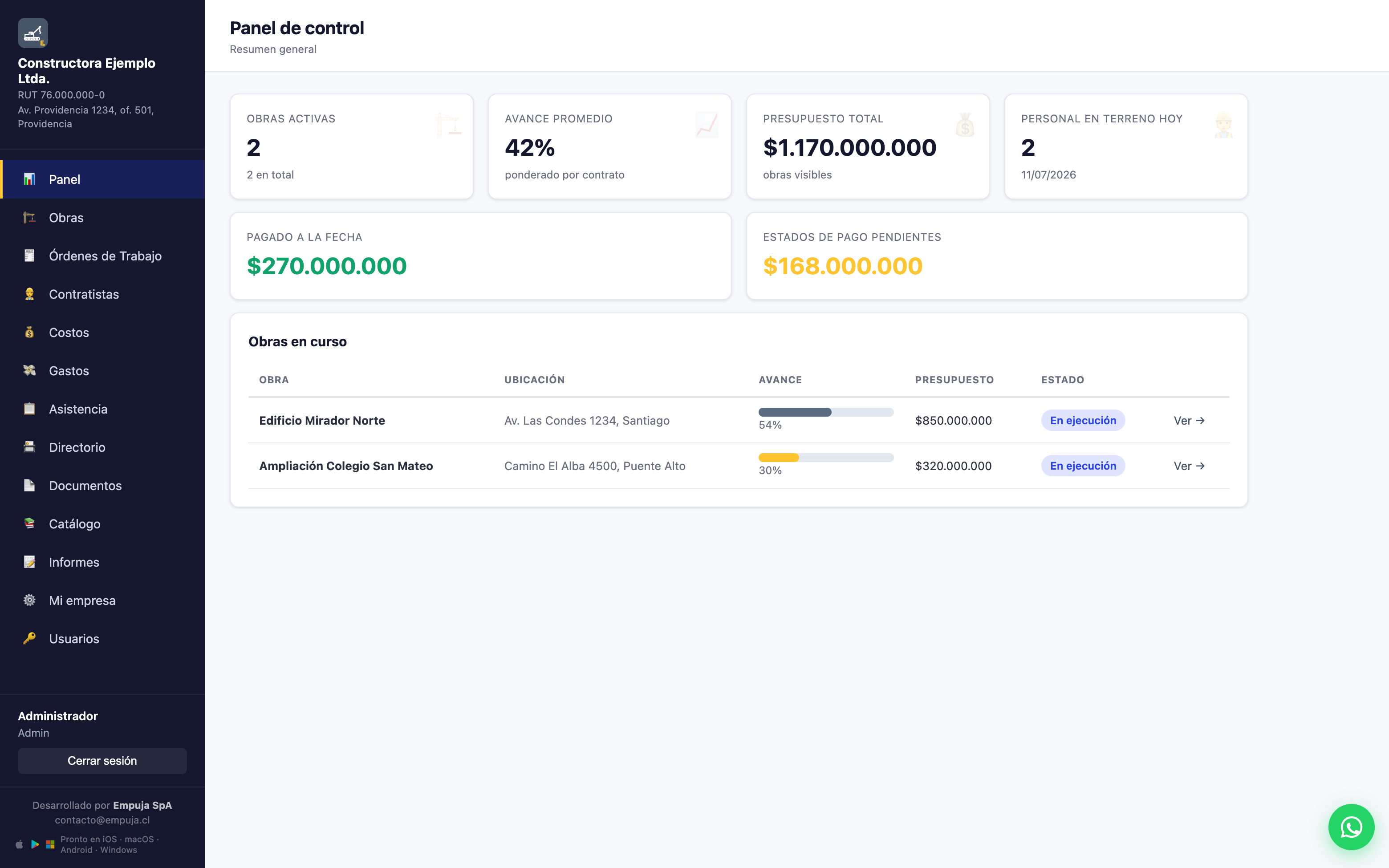 Empuja Obras en funcionamiento — captura de la aplicación