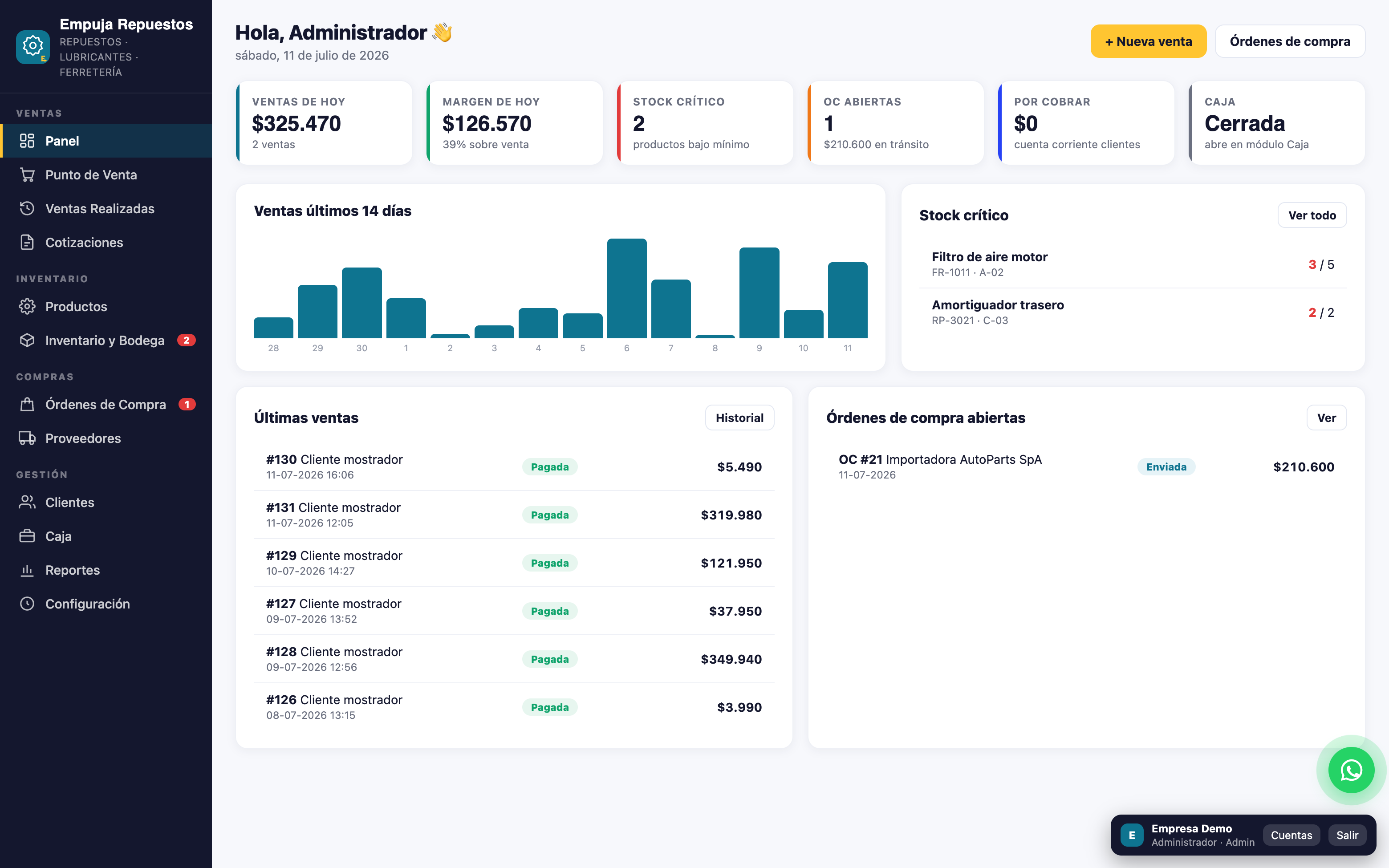 Empuja Repuestos en funcionamiento — captura de la aplicación