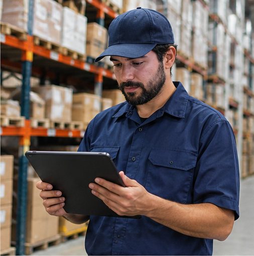 Bodeguero revisando una tablet frente a los racks