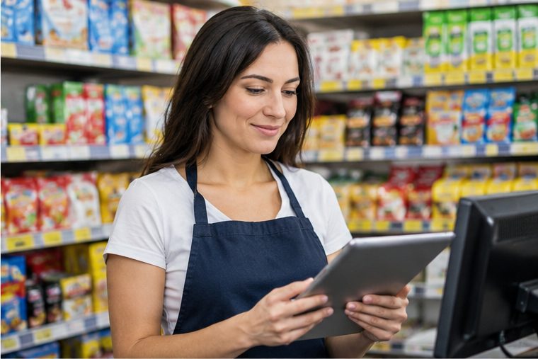 Vendedora revisando una tablet en el pasillo del minimarket