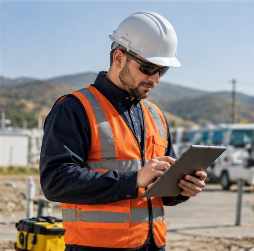 Supervisor de obra revisando una tablet en faena