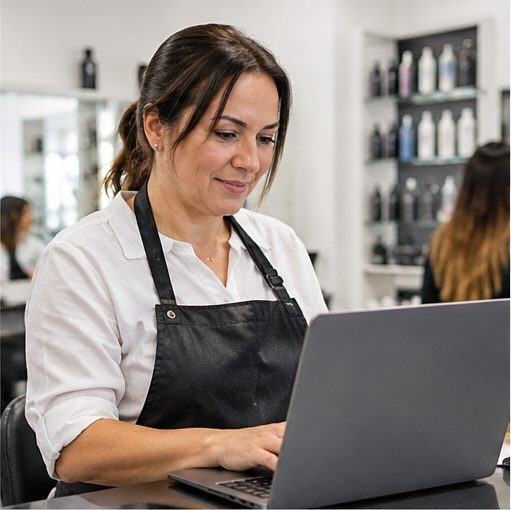 Peluquera trabajando en un notebook en el salón