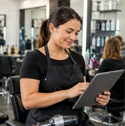 Peluquera revisando una tablet en el salón