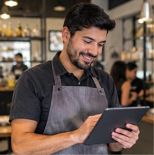 Encargado de un restaurante revisando una tablet en la barra