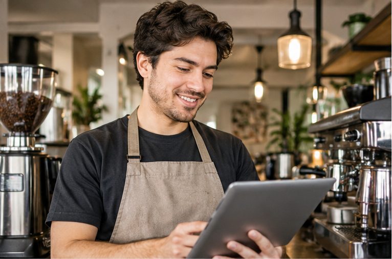Barista revisando una tablet detrás del mesón de la cafetería