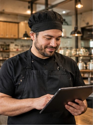 Cocinero revisando una tablet en el mesón de la cocina