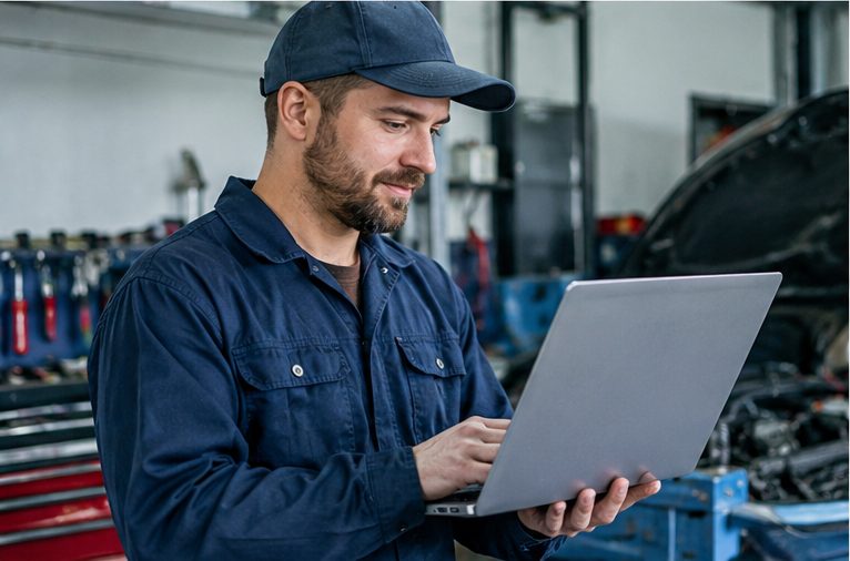 Mecánico trabajando en un notebook junto a un auto abierto