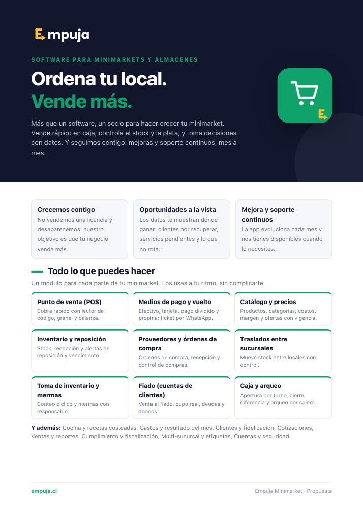 Portada de la propuesta comercial de Empuja Minimarket